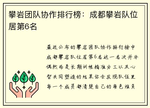 攀岩团队协作排行榜：成都攀岩队位居第6名